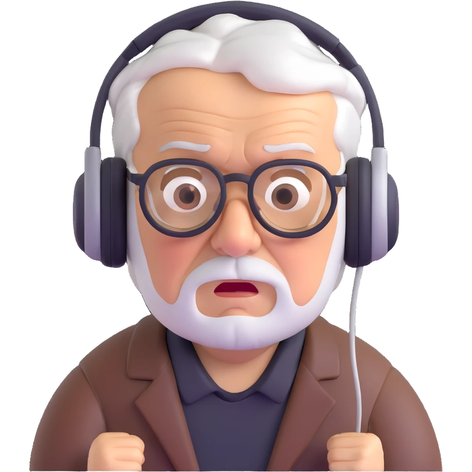 Brown old man with medium white hair, wearing glasses and headphones, looking surprised and angry, no facial hair, chubby, looking to the upper left corner emoji