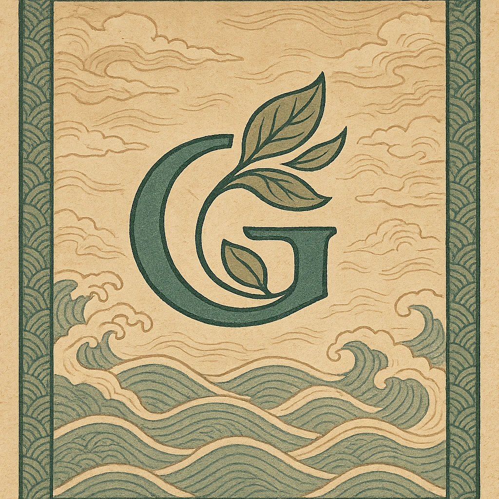 logo featuring the letter G with stylized leaves, elegant Japanese-inspired design, traditional ukiyo-e background with waves or clouds emoji