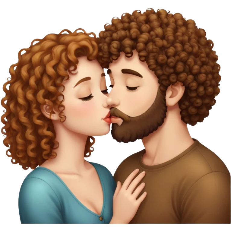 curly haired girl kissing a man with a beard, romantic couple kiss emoji