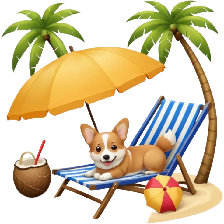 a corgi dog laied on a beach chair, a sunny beach, a sun umbrella, and beach coconut trees. the icon should capture the essence of a relaxing beach vacation with a carefree atmosphere emoji