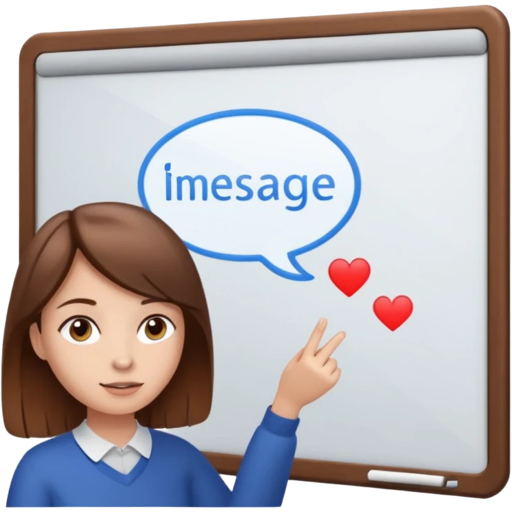 Make an emoji of a girl (no glasses) with brown hair who is teaching how to use iMessage on a board emoji