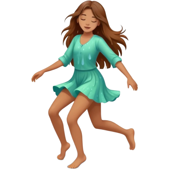 Girl with long brown hair dancing barefoot in the rain with closed eyes spring colors cartoon style elegant romantic love life raindrops in the background  emoji