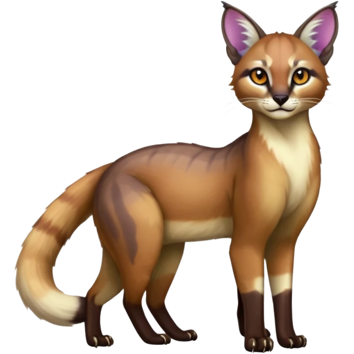 Colorful dark tropical white iridescent glorious divine exotic cute cool beautiful shiny beautiful fantasy-caracal-civet-genet-sergal-vernid-Cacomistle-oncilla-animal-Fakémon-hybrid-fursona (full body) emoji