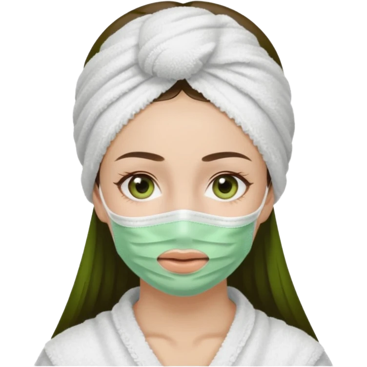 Girl with a white towel on head and green facemask, showing a little brunette hair above forehead emoji