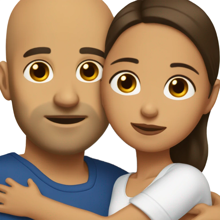 Comforting hug from brunette Puerto Rican with dark brown eyes to short, bald man with brown eyes emoji