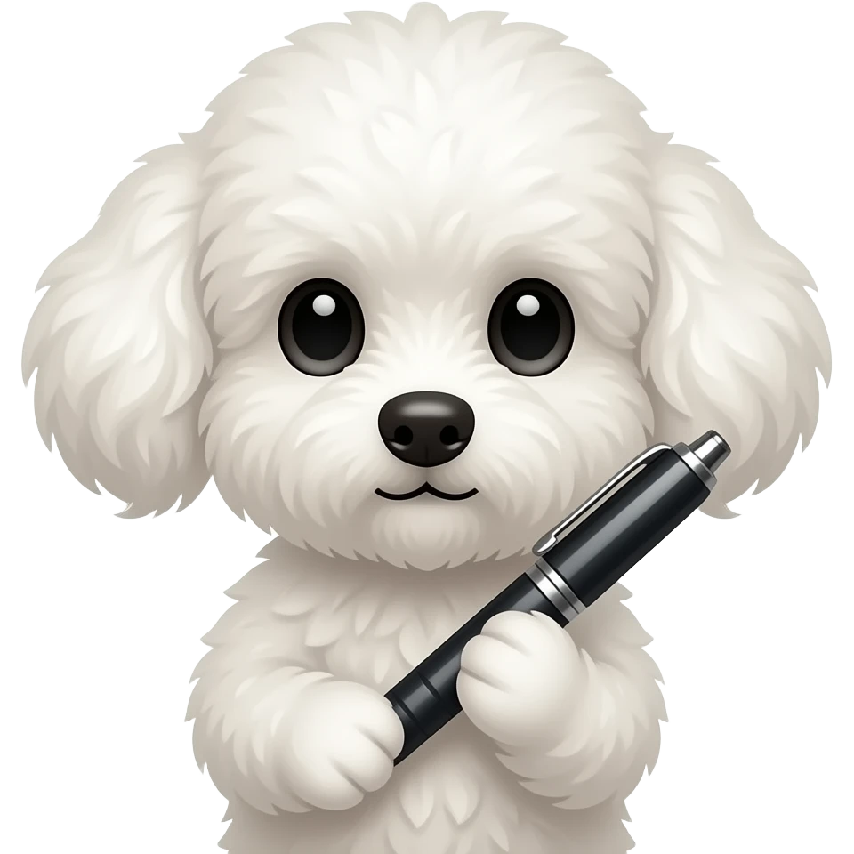 Very smallWhite fluffy dog using pen, crop face for profile, look front, no body emoji
