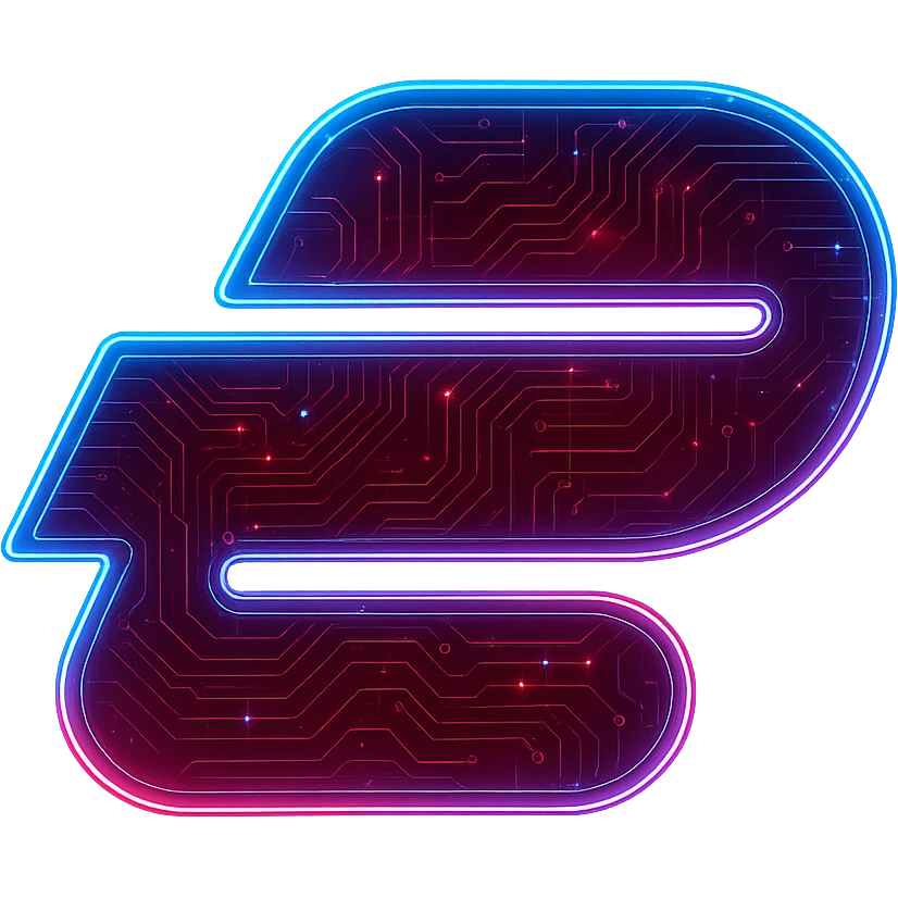 Transform the ExpressVPN logo into a cyberpunk, holographic style with glowing neon red, blue, and pink edges. Add intricate circuit patterns throughout the entire icon while maintaining the recognizable ExpressVPN logo shape. Keep the main color red and overlay neon and circuit effects in a futuristic, clean style consistent with cyberpunk glow and intricate circuit details. The background should be transparent. emoji