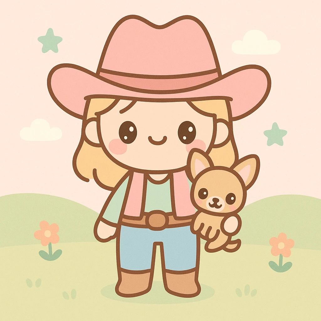 femme cowboy avec son chihuahua, style kawaii, arrière-plan prairie emoji