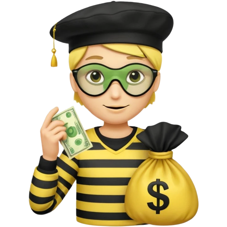 Create a high-quality emoji-style illustration of a cartoon thief character. The character should have a yellow face, wearing a black eye mask and a black beret. He is dressed in a black-and-white striped shirt. In one hand, he's holding a golden money bag with a green dollar sign on it.  emoji