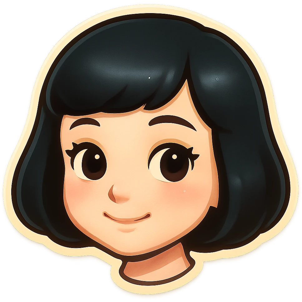 very cute young girl with pale skin, black bob haircut, light makeup, big kind eyes, soft smile, Telegram sticker style, head only without neck, white background emoji