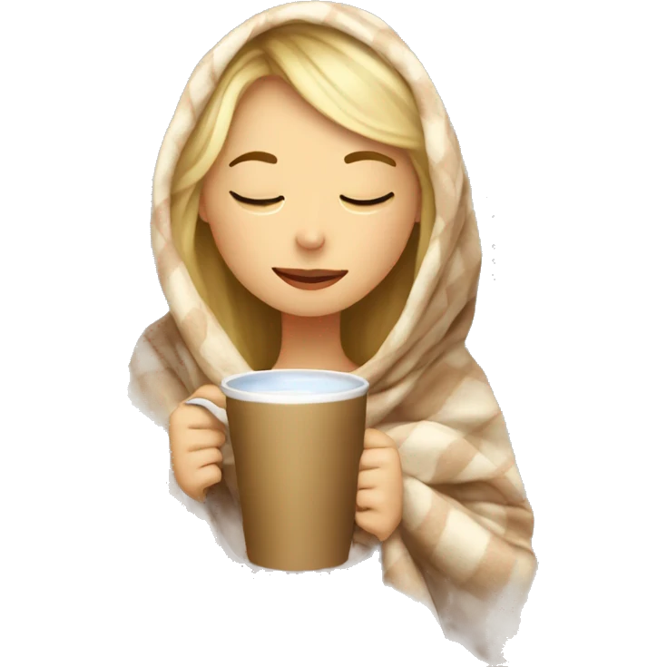 girl inside a blanket sipping coffee eyes closed blonde emoji