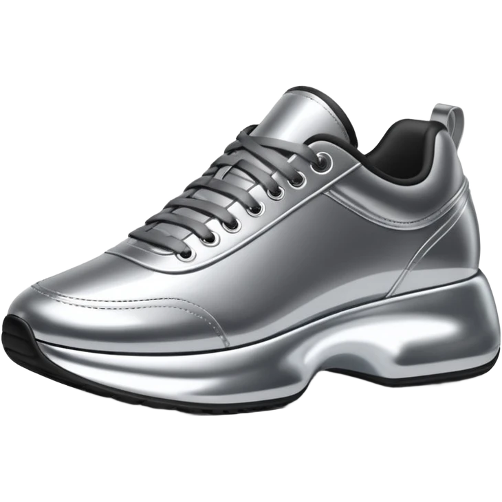 A pair of futuristic sneakers emoji made of silver chrome, sleek streetwear design, smooth metallic panels, subtle reflections, luxury swag aesthetic, iOS emoji style, centered, clean white background emoji