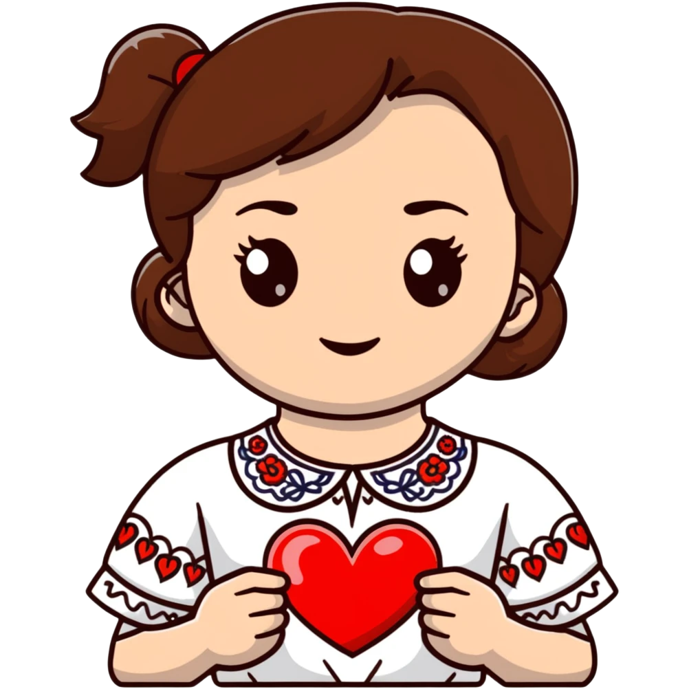 Beautiful young girl with brown hair in a white Ukrainian embroidered shirt holding a large embroidered heart emoji