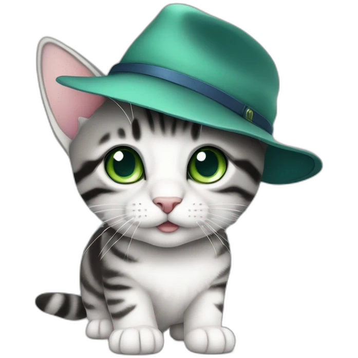 wearing-a-hat-cuddly-light-white-and-grey-domestic-shorthair-tabby-with-green-and-blue-eyes-black-pupils,-walking-and-playing emoji