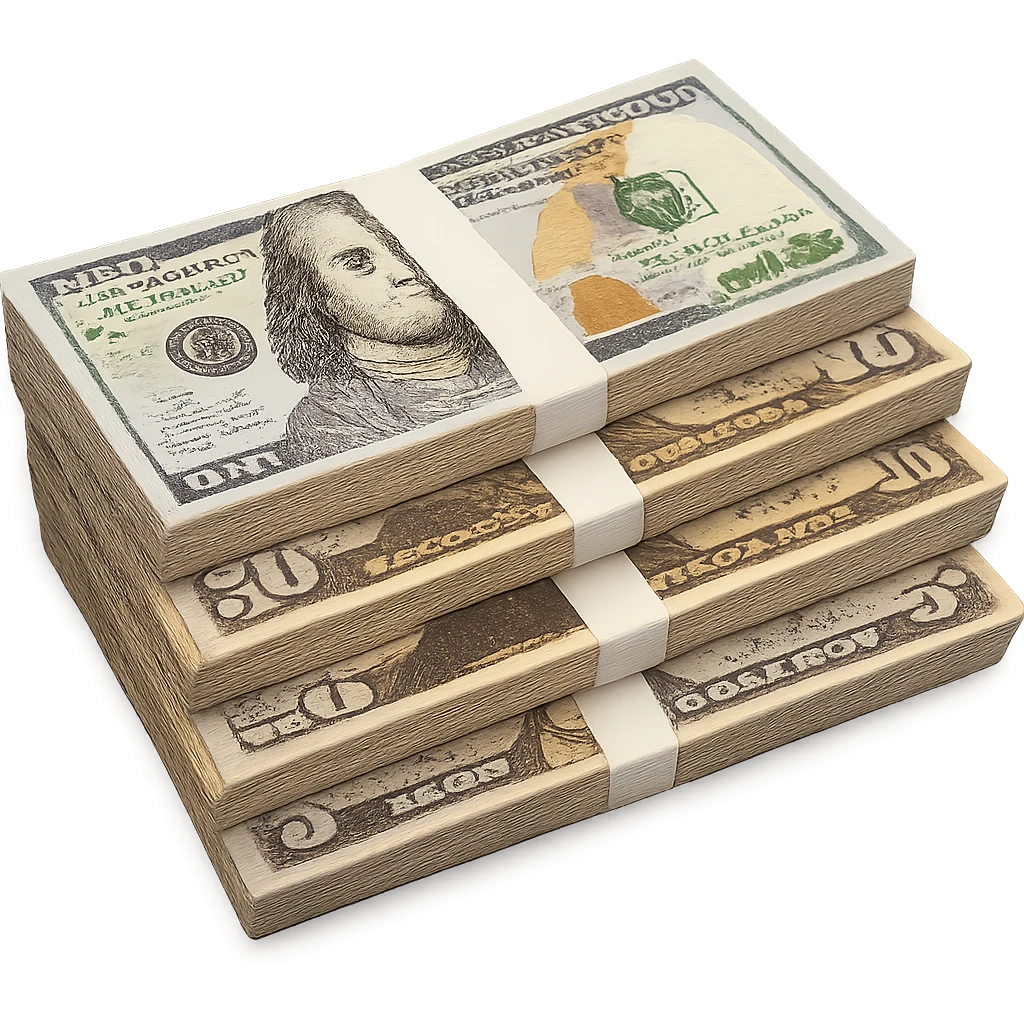 a stack of US dollar banknotes viewed from the top, showing the bills' details and colors emoji