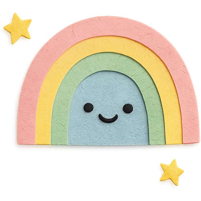 cute gentle rainbow arc, tiny star companions, soft pastel palette, no arms or legs, full body, paper craft style emoji
