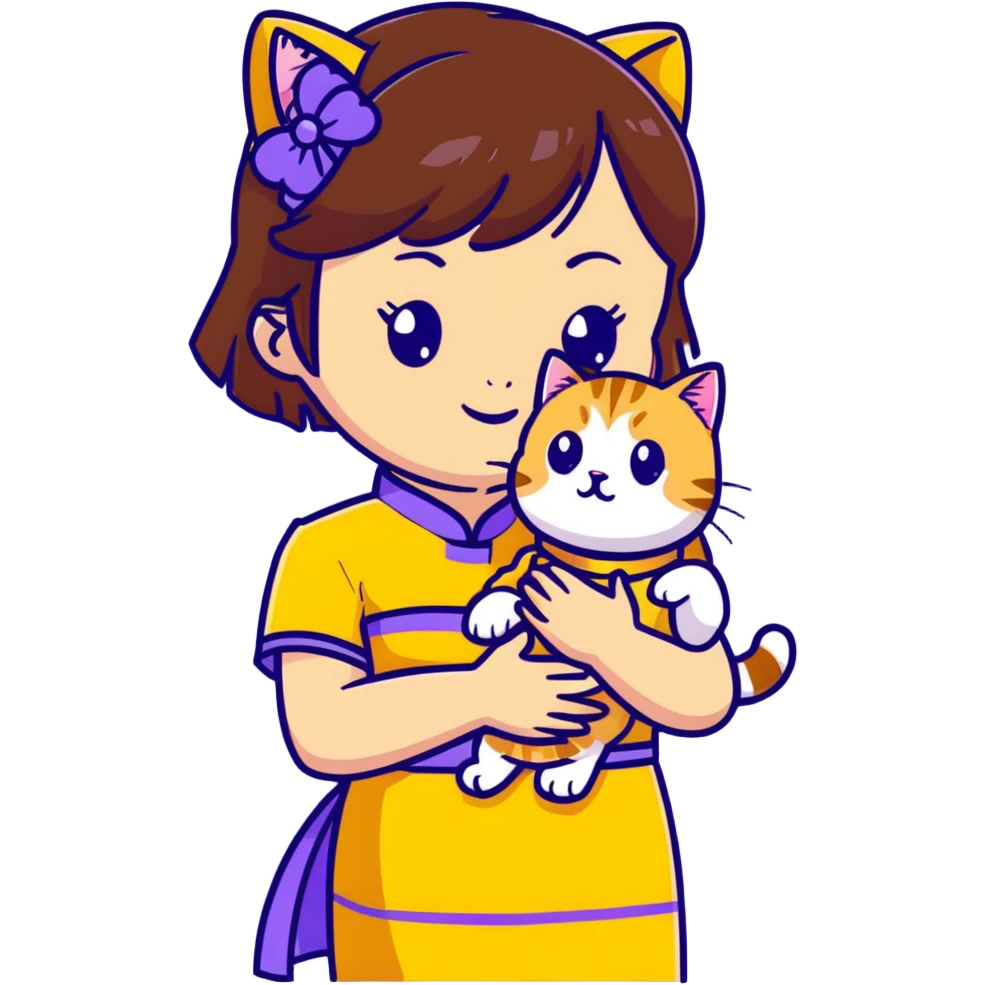 girl with brown hair and bangs wearing yellow qipao with gray tabby cat emoji