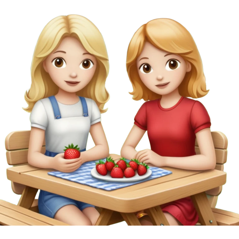 Blonde girl and strawberry blond girl at picnic table emoji