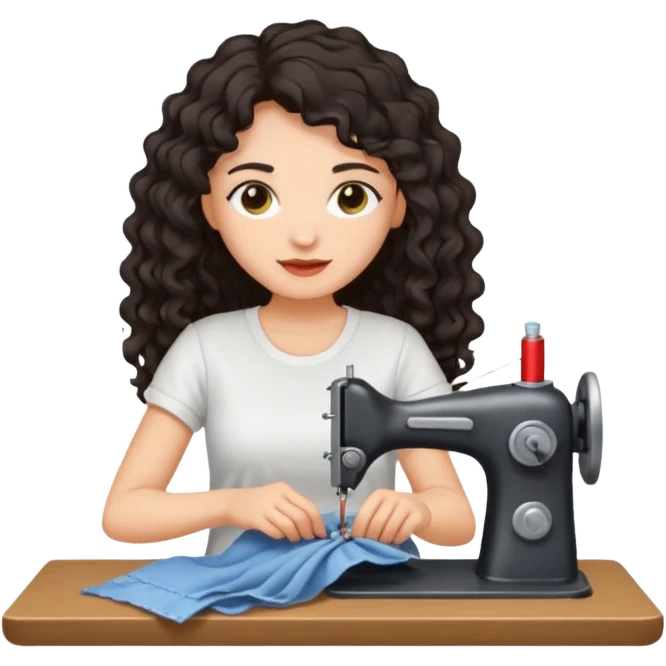 a woman with long curly dark hair sewing clothes wearing a white t shirt emoji