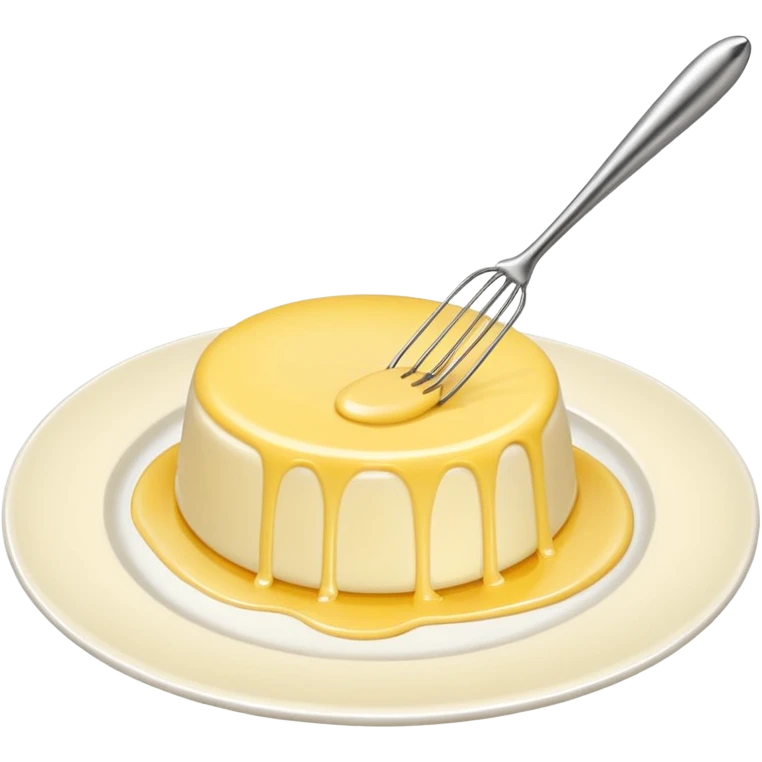 Generate a high-quality image of a dollop of yellow cream on a white plate with a metal whisk placed beside it, realistic color and shading, smooth gradient colors, no facial features, no brand markings, simple white background, high-resolution.
 emoji