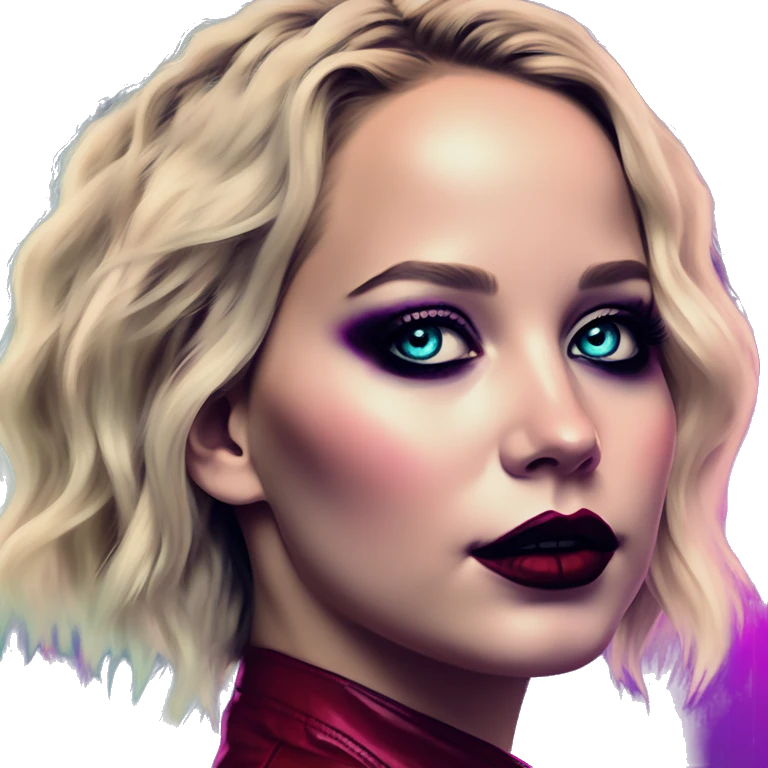 Synthwave Jennifer Lawrence in Harley Quinn style, oil paint, mysterious eyes, intricate lips, masterpiece portrait, odd perspective, beautiful, desirable, logical emoji