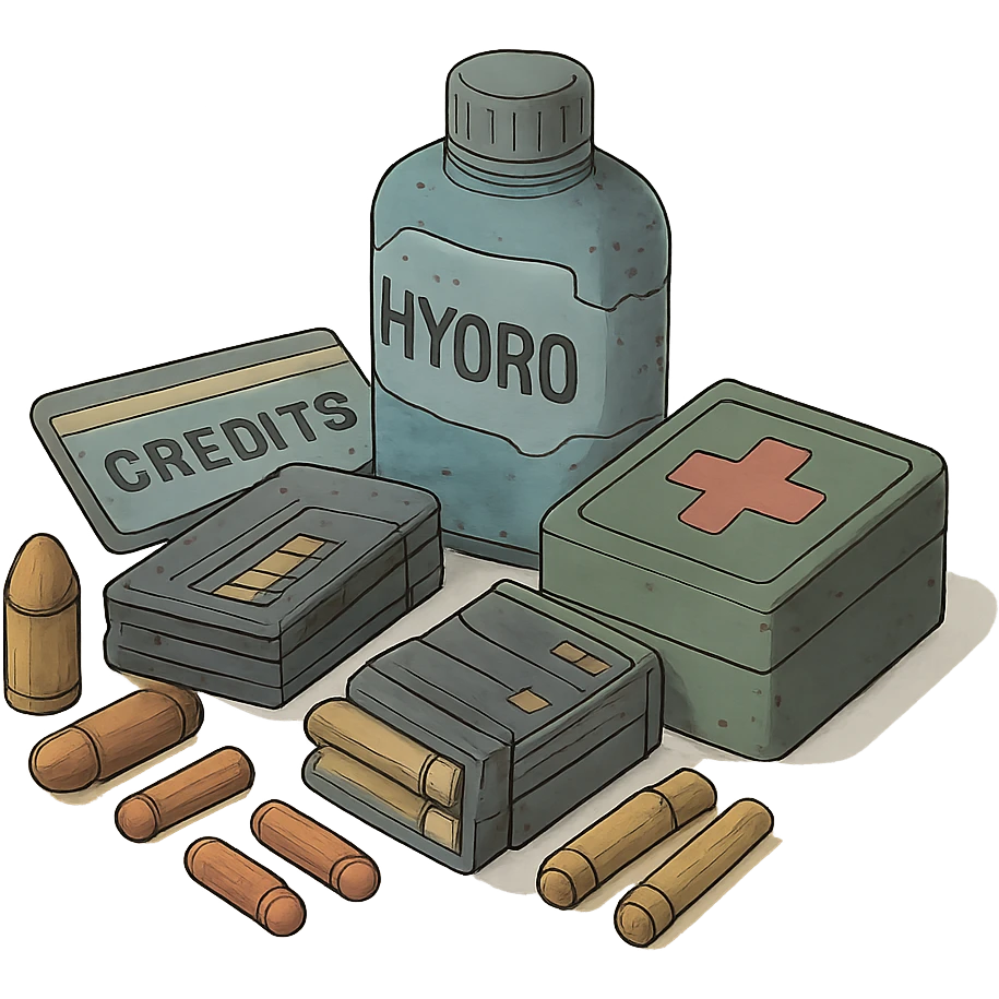 the image is the icon for a videogame  item. futuristic cyberpunk -ready to equip- it is master craftsmanship [ unequipped item ]
It is a pile of miscilaneous loot, some ammunition, credits, first-aid, and a hydrator, neatly bunched together, isometric view, orthographic emoji