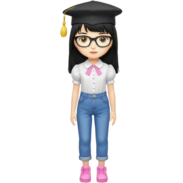 A yellow-skinned girl with long straight black hair, flat bangs, black frame glasses, a white puffy sleeve doll shirt, blue jeans and pink shoes, and a black painter's hat，no yellow spikes. emoji