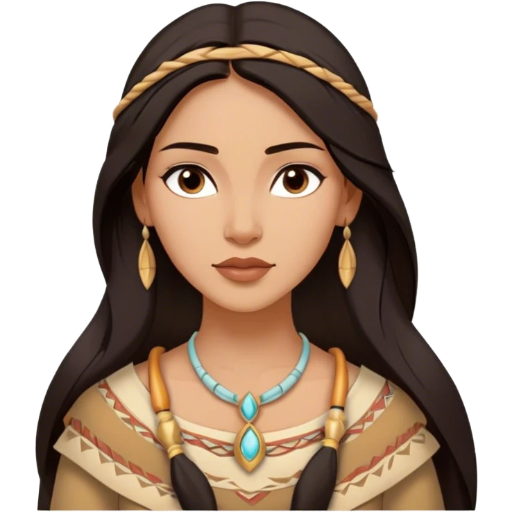 Cinematic Timeless Pocahontas Portrait Emoji, rendered in a realistic, vector style. Depict Pocahontas with warm, glowing skin, naturally flowing dark hair, and a serene, gentle expression, wearing traditional garments in muted earth tones. The design features bold, clean proportions, a soft, inviting glow, and a subtle glowing outline that captures her enduring natural beauty. emoji
