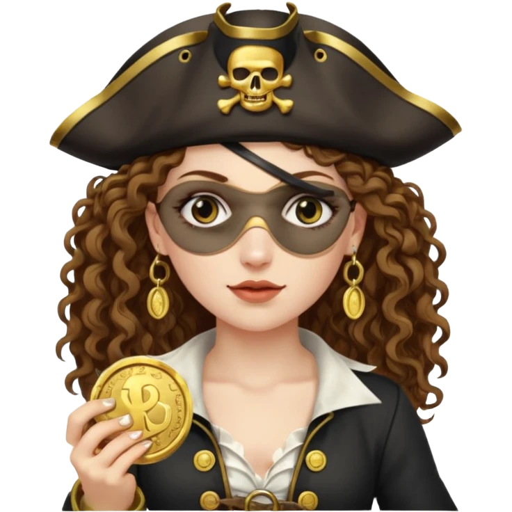 Lady Pirate With holding Coins, curly hair. emoji
