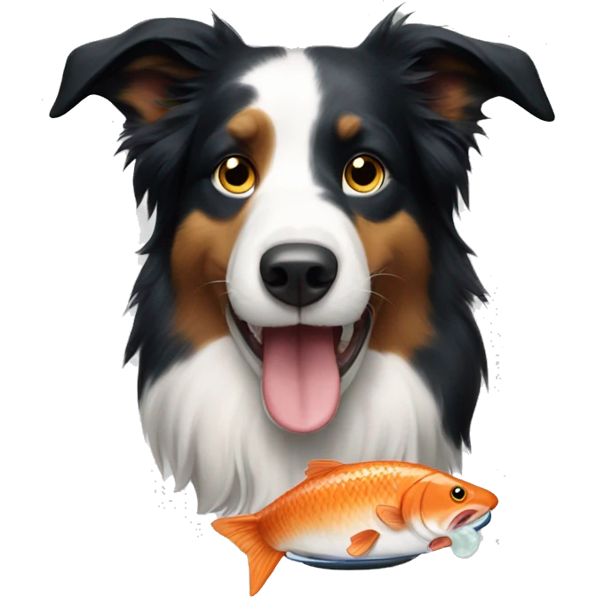 Border collie eating a fish emoji
