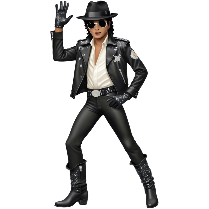 Icon for R&B Music: Michael Jackson on stage in full body, wearing his iconic concert costume—black leather jacket, sequined glove, fedora, and boots. He strikes a powerful pose, embodying the energy of R&B music. Transparent background. emoji