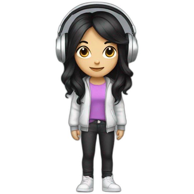Cartoon character with long black hair, stylish outfit, silver headphones emoji