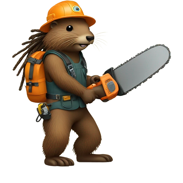 Beaver with dreadlocks in climbing gear with a chainsaw  emoji