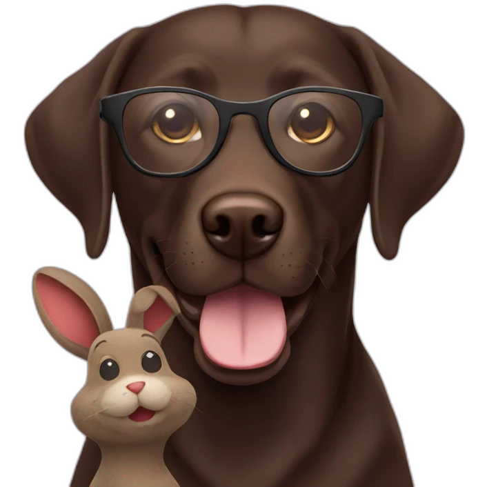 dark brown labrador with glasses smiling and a stuffed rabbit in mouth emoji