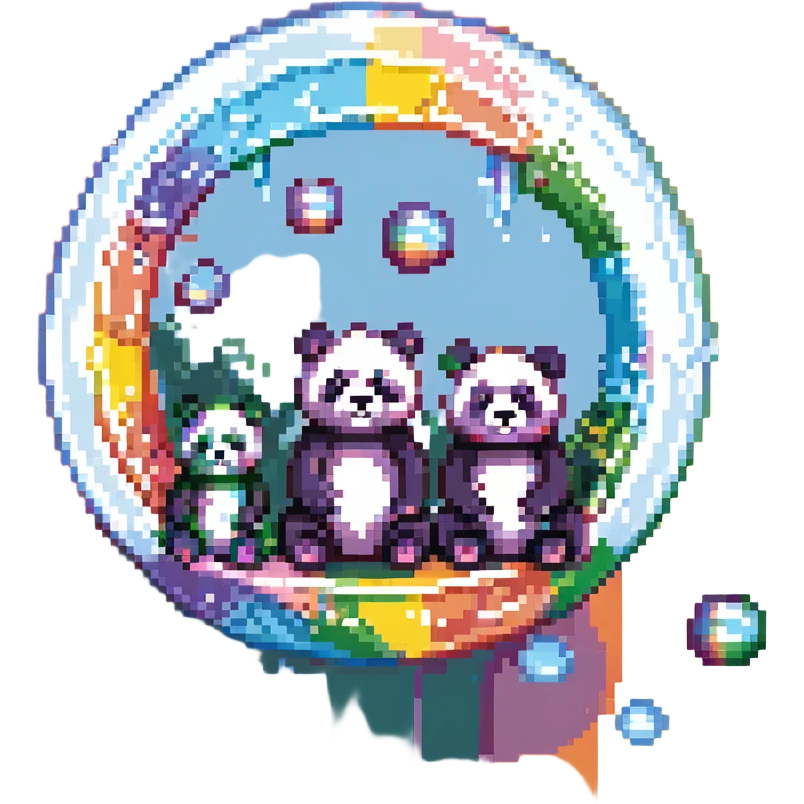 Cinematic still pandas bears sitting inside bubbles flying around San Francisco downtown, sunny summer day, happy vibe, colorfull surround, rainbow emoji
