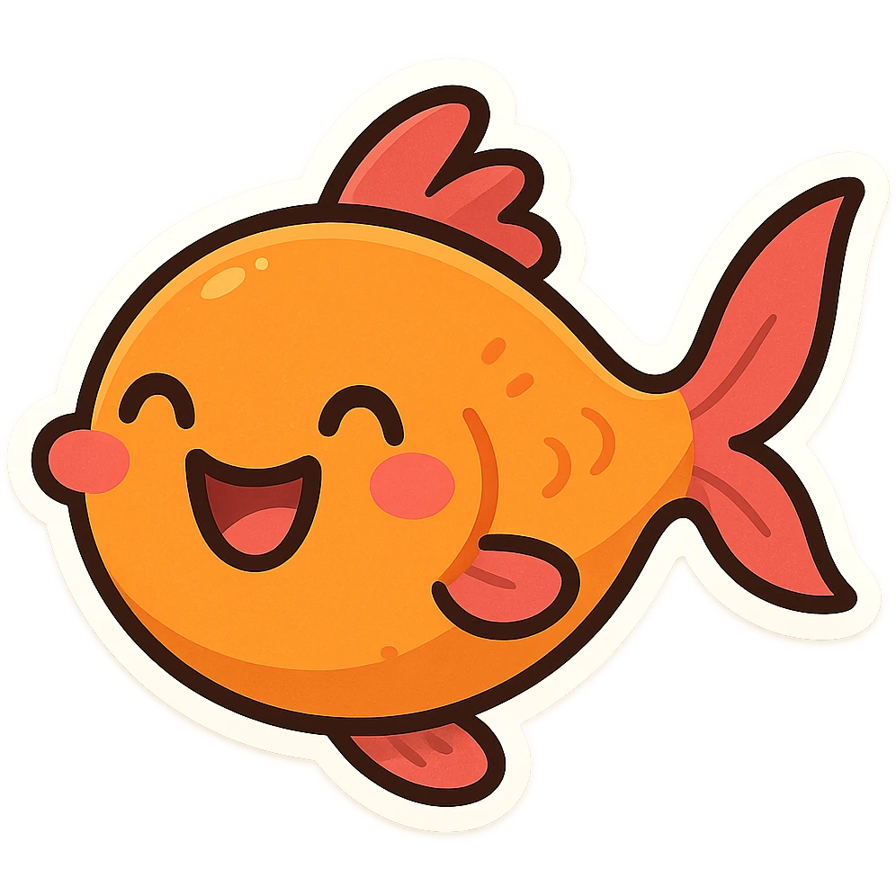 Create a cutesy fish with a happy expression in a cartoonish sticker style. Focus on a joyful and adorable look with bright colors and simple shapes. emoji