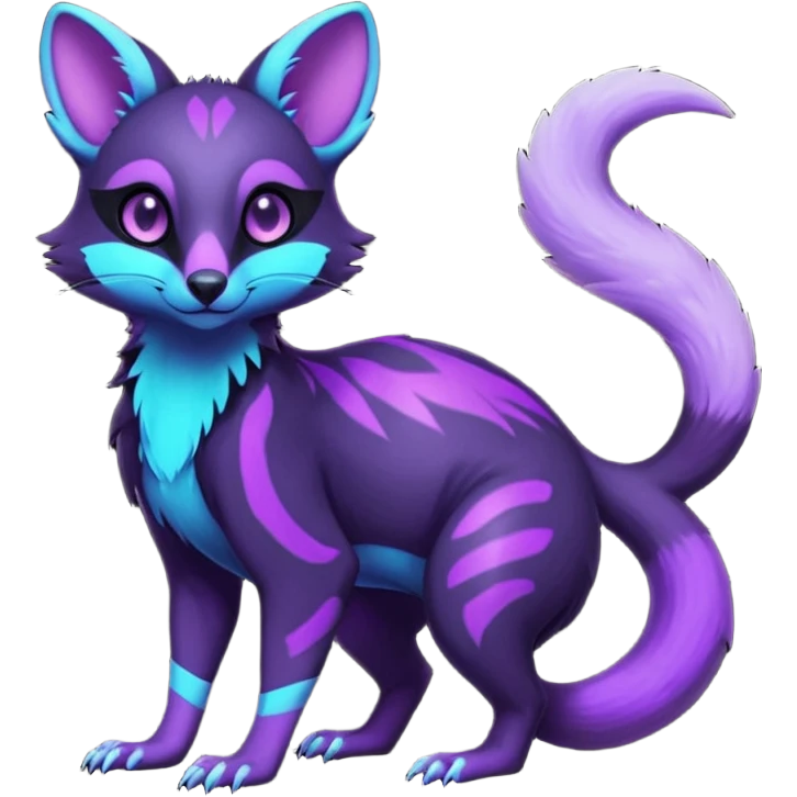 Obsidian-onyx-black and glowing neon-purple, shiny blind eyes, magical fantasy-Genet-Sentret-Marsupial-Possum-Vernid-Sergal-Fakémon-hybrid, by LiLaiRa-griffsnuff, full body emoji
