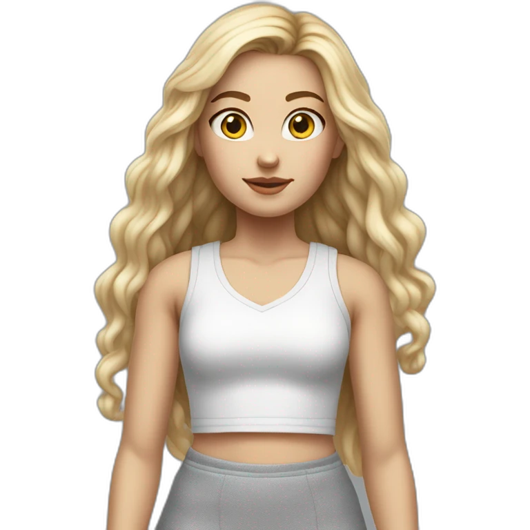 hyperrealist caucasian girl, long straight blonde hair, white v-neck laced crop tanktop, grey tight micro skirt, sneakers emoji