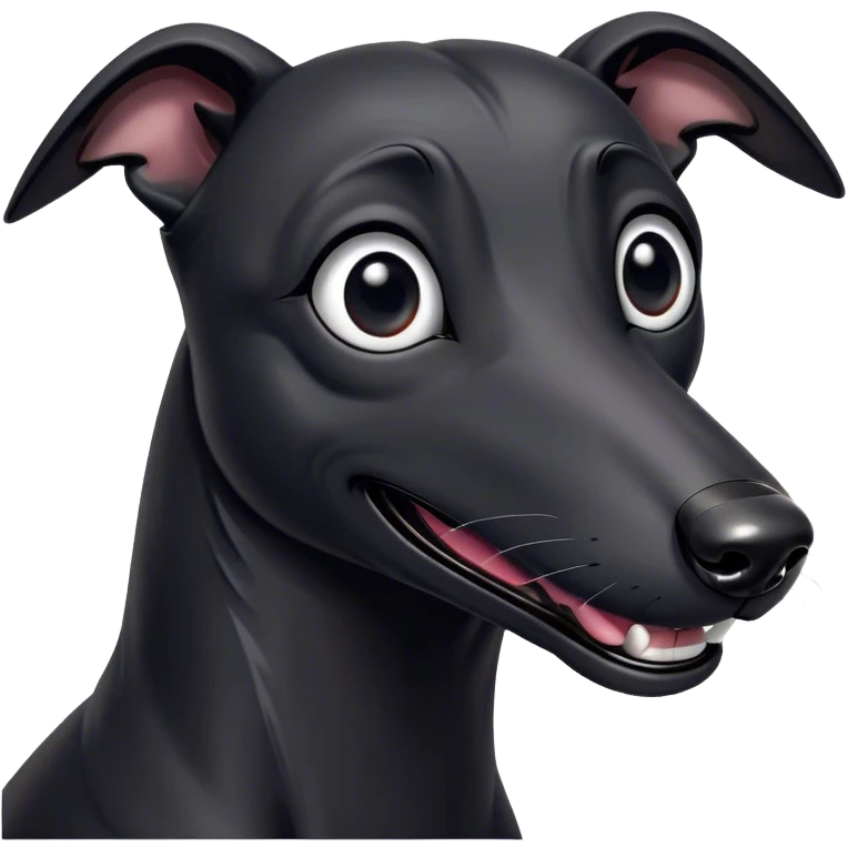 Cinematic Comical Black Greyhound Portrait Emoji, Head tilted dramatically with an exaggeratedly amused expression, featuring a glossy jet-black Fur and wide, expressive dark eyes filled with playful disbelief, Simplified yet hilariously expressive features, highly detailed, glowing with a slightly sassy glow, high shine, dramatic yet playful, stylized with an air of cheeky mischief, bright and endearing, soft glowing outline, capturing the essence of a spirited and over-the-top racer, so meme-worthy it feels like it could side-eye its way into internet fame instantly! emoji
