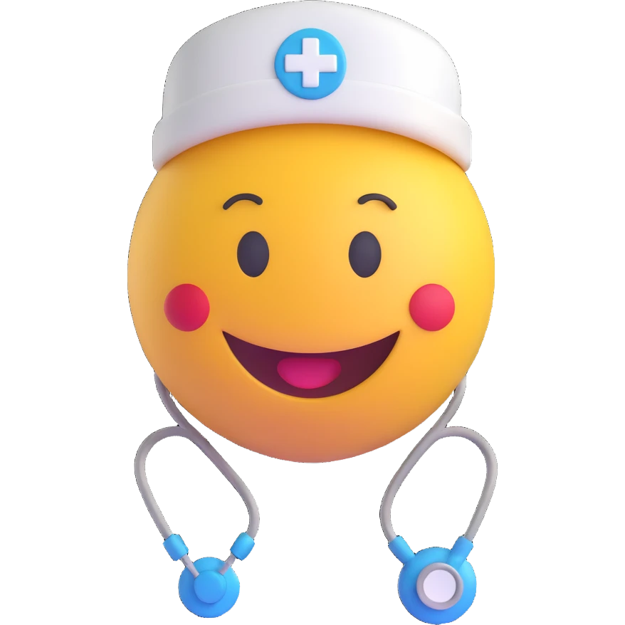 3D smiley emoji, round shape, wearing a medical cap and stethoscope, smiling face emoji
