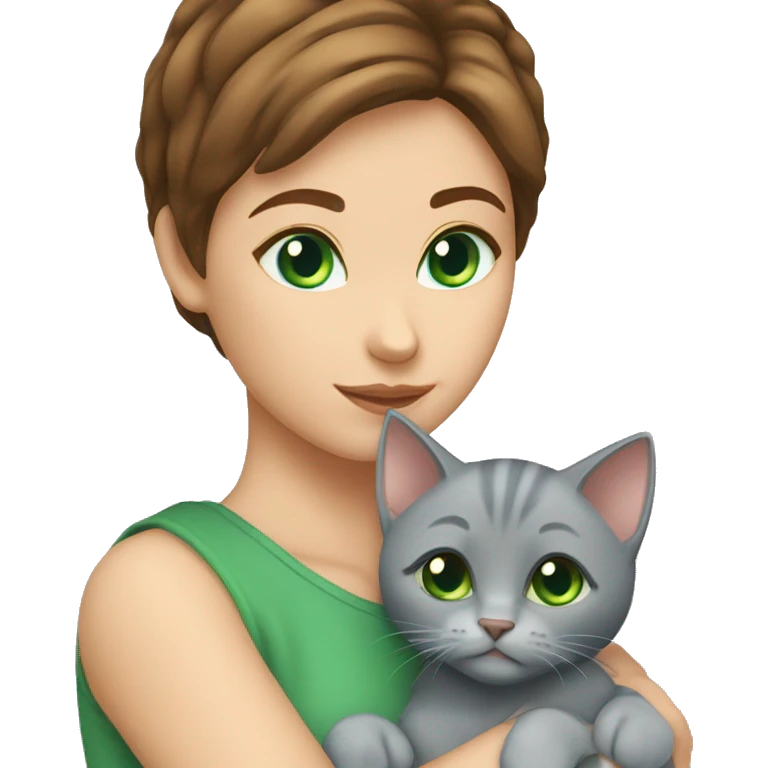 blue eyes grey kitten hugging brown short hair green eyes woman emoji