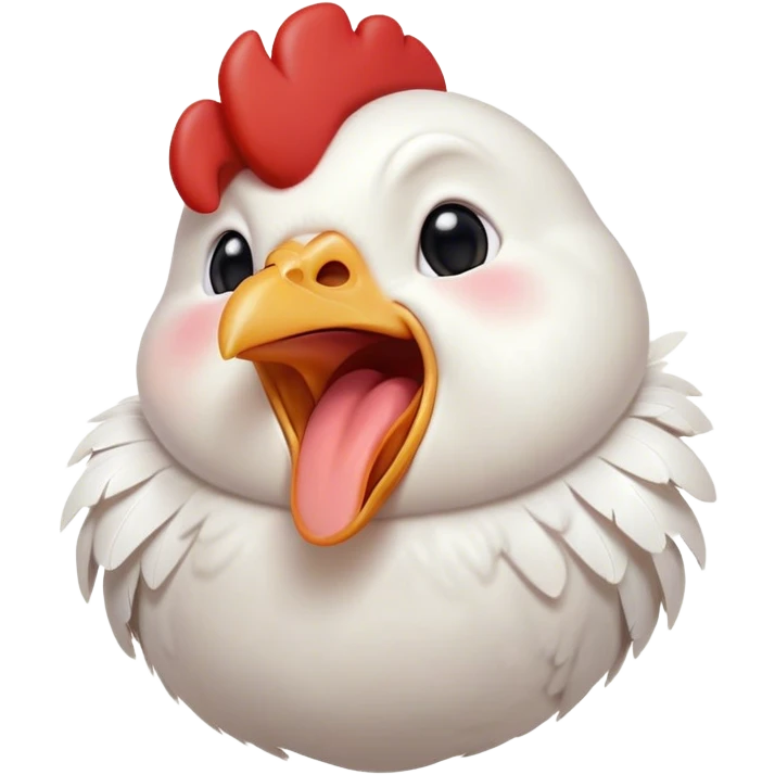 Cinematic Cute Yawning White Chicken Portrait Emoji, Head tilted slightly with a dramatic, wide-open yawn, showcasing a soft, fluffy white plumage with a crisp red comb and drooping wings, round beady eyes barely open in drowsy contentment, Simplified yet irresistibly adorable features, highly detailed, glowing with a soft, cozy glow, high shine, relaxed yet expressive, stylized with a touch of whimsy, bright and endearing, soft glowing outline, capturing the essence of a sleepy yet affectionate chicken, so drowsy it feels like it could stretch out of the screen and curl up for a nap! emoji