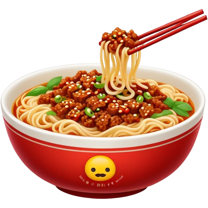 Sichuan Dan Dan Noodles with red chili oil and minced pork, simplified emoji style with bold outlines and bright colors, cartoon style spicy Chengdu street food emoji