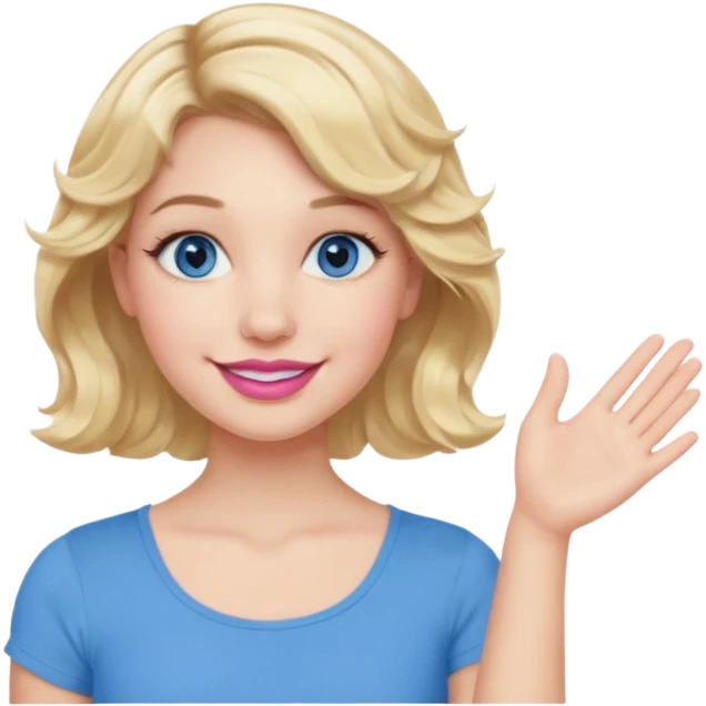 Girl Blonde short wavy hair,  blue eyes, cute blue top, long lashes, pink lips, smiling, one hand 🤷🏼‍♀️  emoji
