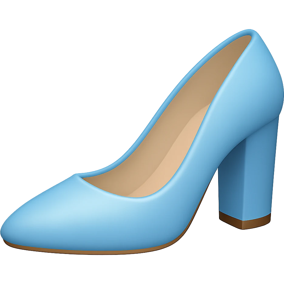 Edit the image to depict a light blue women's shoe with a slightly flatter and very thick heel in the style of Apple emojis. The background should be transparent. emoji
