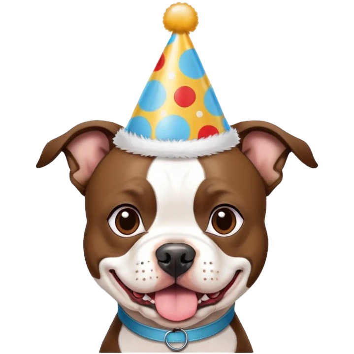 American Pit Bull Terrier mixed with a boston terrier with a birthday hat on emoji