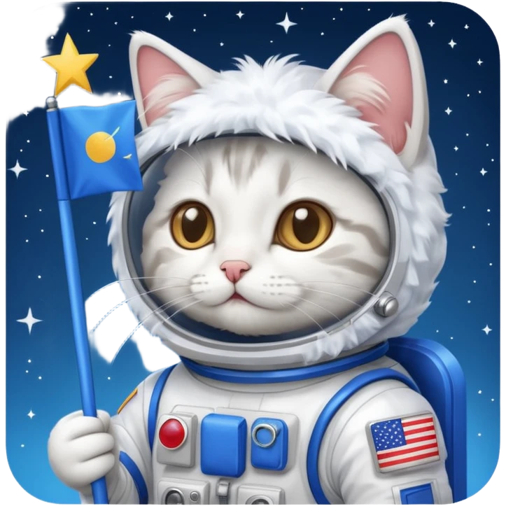 a cat in space suit, holding blue rectangle flag emoji