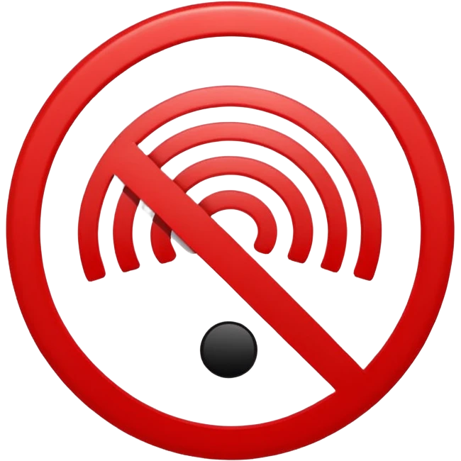 Minimalist “No Wi-Fi” icon, flat vector style on white background. A clean black Wi-Fi signal symbol inside a bold red circle with a diagonal clearly shows no internet connection or poor connection. No text, shadows, or extra details emoji