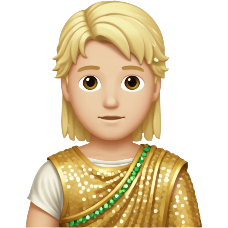 Apollo from Roman Deities with long blonde hair, gold sequin toga emoji