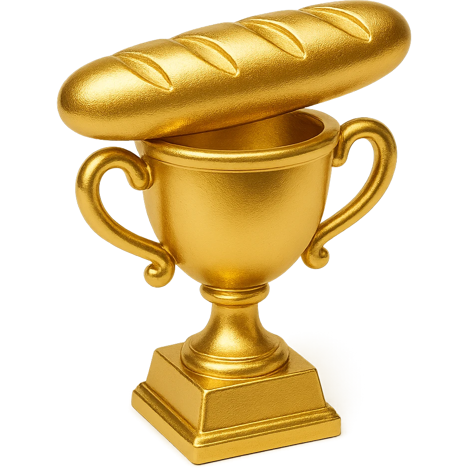 a trophy with a baguette on top, classic trophy base, gold, playful style emoji
